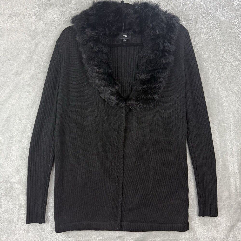 Fate Black Cardigan Sweater Angora Fur Trim Drape Open Front Oversized Small